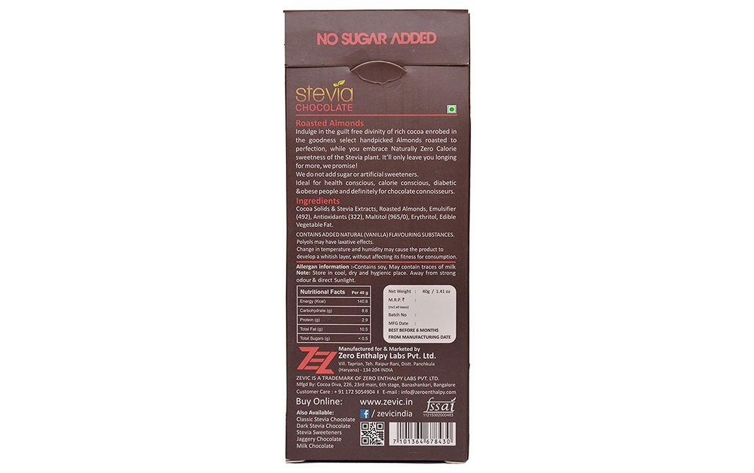 Zevic Stevia Chocolate - Belgian Cocoa Roasted Almonds   Box  40 grams